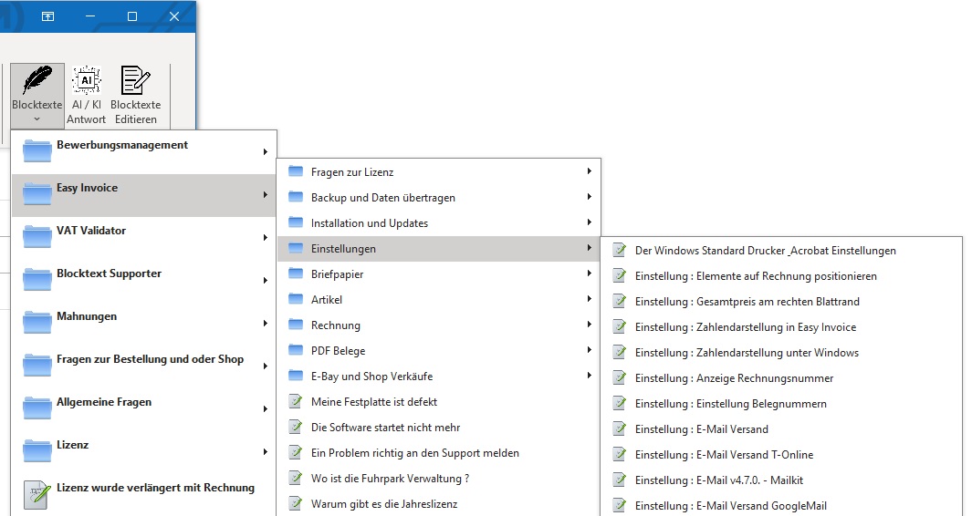 Auswahl eines Blocktextes zum Einfügen in MsOffice Outlook